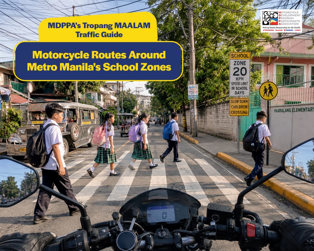 Motorcycle riders navigate around students crossing at a Metro Manila school zone crosswalk—an everyday scenario that underscores why MDPPA's Tropang MAALAM Traffic Guide identifies 11 school-zone congestion hotspots and offers bypass routing alternatives for safer, more efficient journeys during peak academic hours.