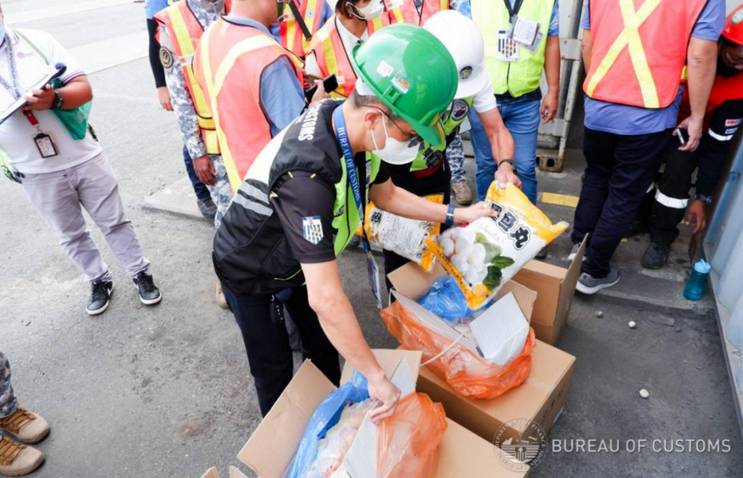 Bureau of Customs officers examine seized agricultural shipments during inspection operations. Commissioner Ariel F. Nepomuceno has declared zero tolerance for agricultural smuggling, stating that protecting local farmers' livelihoods remains a top priority alongside border security and government revenue collection. The agency surpassed its revenue target by more than ₱11 billion while intensifying enforcement against customs fraud and illicit trade practices affecting Central Luzon's farming communities. Photo courtesy of the Bureau of Customs.